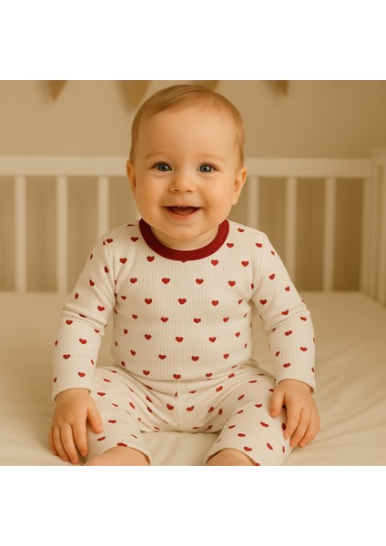 Tuma Collectıon Kalpli Desenli Fitilli Pamuklu Mevsimlik Kız Bebek Pijama Takımı Uzun Kollu Üst Rahat Alt 1-2-3 Yaş