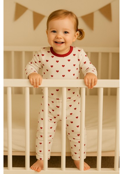 Tuma Collectıon Kalpli Desenli Fitilli Pamuklu Mevsimlik Kız Bebek Pijama Takımı Uzun Kollu Üst Rahat Alt 1-2-3 Yaş fırsatları