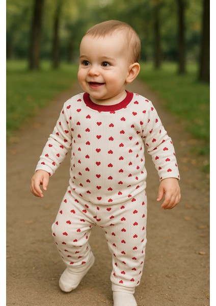 Tuma Collectıon Kalpli Desenli Fitilli Pamuklu Mevsimlik Kız Bebek Pijama Takımı Uzun Kollu Üst Rahat Alt 1-2-3 Yaş indirimleri