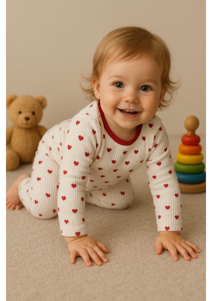 Tuma Collectıon Kalpli Desenli Fitilli Pamuklu Mevsimlik Kız Bebek Pijama Takımı Uzun Kollu Üst Rahat Alt 1-2-3 Yaş