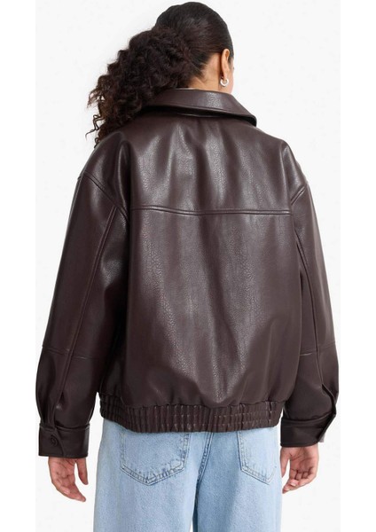 Dad Fit Polo Yaka Fermuarlı Suni Deri Ceket F2681AX25AU