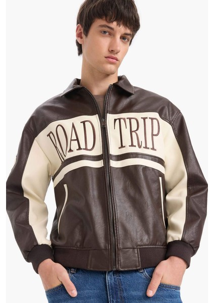 Oversize Geniş Kalıp Gömlek Yaka Fermuarlı Nakış Detaylı İç Cepli Suni Deri Mont E8820AX25AU