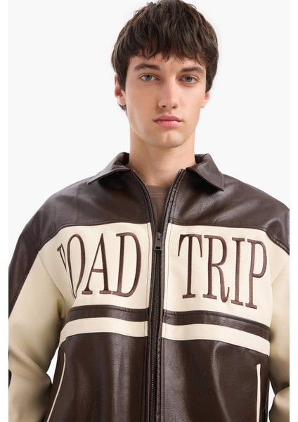 Oversize Geniş Kalıp Gömlek Yaka Fermuarlı Nakış Detaylı İç Cepli Suni Deri Mont E8820AX25AU fırsatları