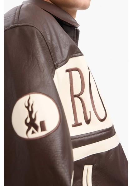 Oversize Geniş Kalıp Gömlek Yaka Fermuarlı Nakış Detaylı İç Cepli Suni Deri Mont E8820AX25AU indirimleri