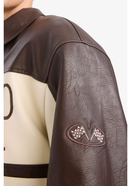 Oversize Geniş Kalıp Gömlek Yaka Fermuarlı Nakış Detaylı İç Cepli Suni Deri Mont E8820AX25AU