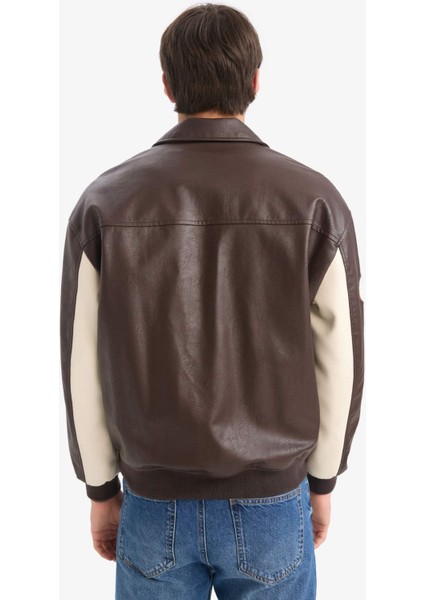 Oversize Geniş Kalıp Gömlek Yaka Fermuarlı Nakış Detaylı İç Cepli Suni Deri Mont E8820AX25AU