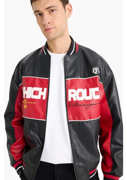 Oversize Geniş Kalıp Kolej Yaka Bomber Nakış Detaylı Fermuarlı Suni Deri İç Cepli Mont E9050AX25AU modelleri