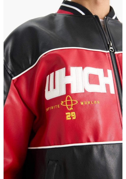 Oversize Geniş Kalıp Kolej Yaka Bomber Nakış Detaylı Fermuarlı Suni Deri İç Cepli Mont E9050AX25AU