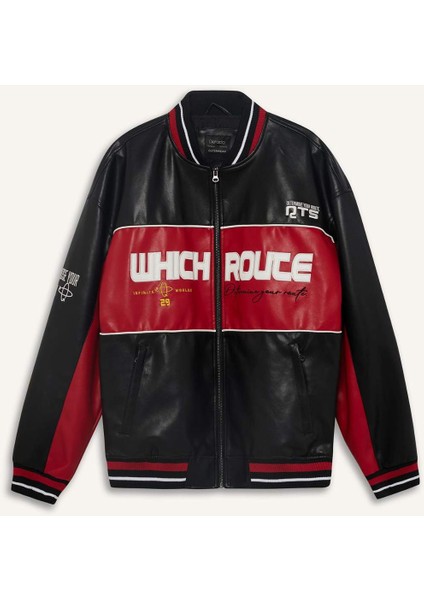 Oversize Geniş Kalıp Kolej Yaka Bomber Nakış Detaylı Fermuarlı Suni Deri İç Cepli Mont E9050AX25AU