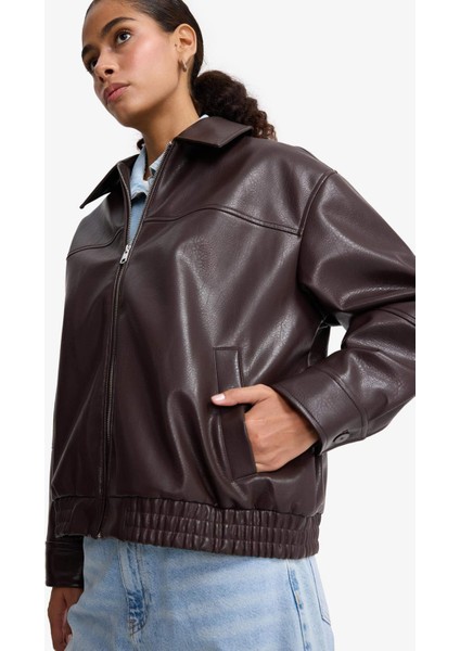 Dad Fit Polo Yaka Fermuarlı Suni Deri Ceket F2681AX25AU indirimleri