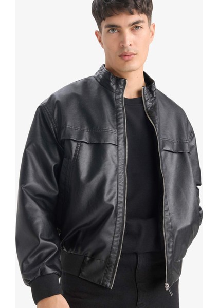 Oversize Fit Geniş Kalıp Dik Yaka Fermuarlı Cepli Suni Deri Ceket Mont E8818AX25AU