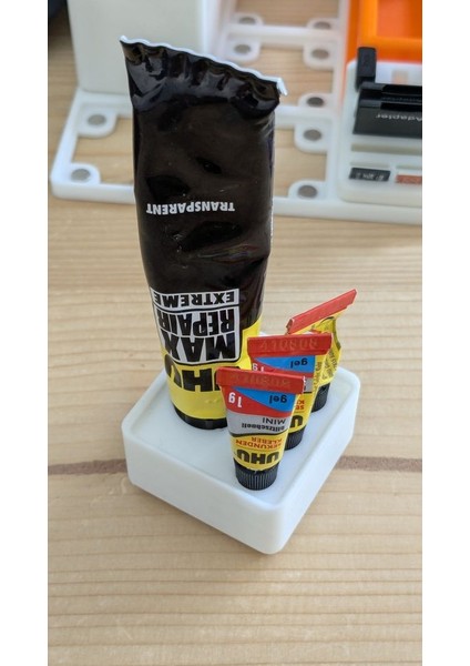 Yeni Gridfinity Uhu Tutkal Tüp Tutucu (3x Mini + 1x Standart Boyut) (Sadece Plastik Aparattır!!!)