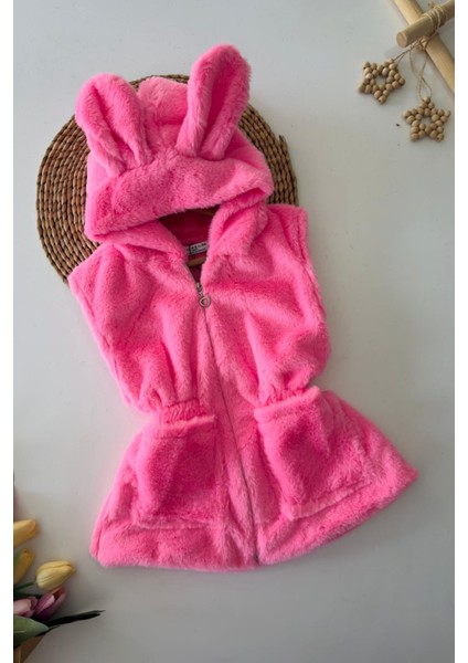Kulak Detaylı Peluş Cepli Çocuk yelek - Pembe