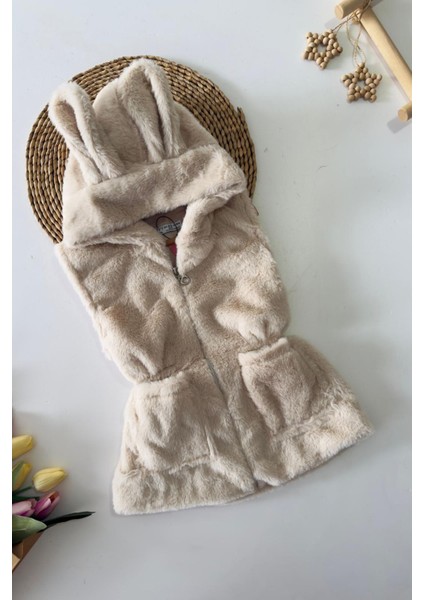 Kulak Detaylı Peluş Cepli Çocuk yelek - Bej