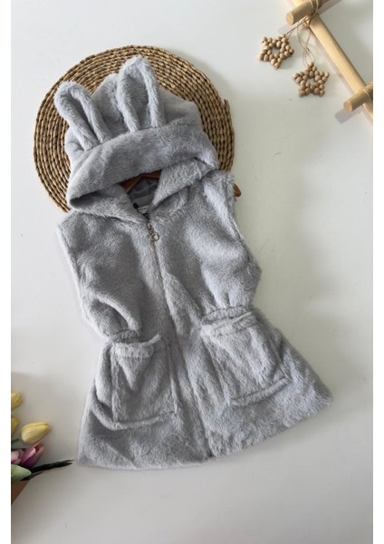 Kulak Detaylı Peluş Cepli Çocuk yelek - Gri