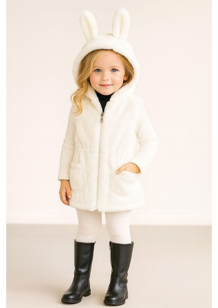 Kulak Detaylı Peluş Cepli Çocuk yelek - Krem