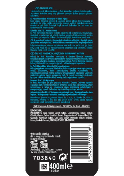 Mineralli ve Sedir Ağacı Özlü Duş Jeli 400 ml – Ferahlatıcı, Besleyici ve Canlandırıcı