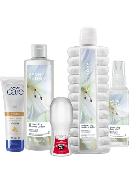 Senses White Lily Zambak Kokulu Nemlendirici ve Ferahlatıcı Banyo Seti, 975 ml – El Kremi, Roll-on, Duş Jeli, Vücut Spreyi, Köpük