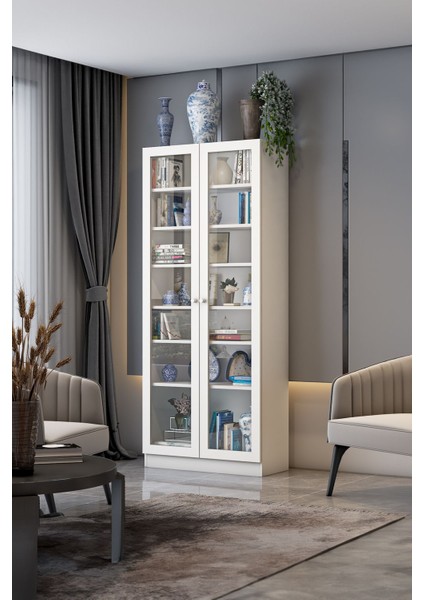 BFE-211 Beyaz 2 Kapaklı Temperli Camlı Yüksek Büfe – Melamin Kaplı Yonga Levha, Modern Dikdörtgen Form