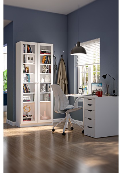 BFE-211 Beyaz 2 Kapaklı Temperli Camlı Yüksek Büfe – Melamin Kaplı Yonga Levha, Modern Dikdörtgen Form