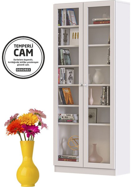BFE-211 Beyaz 2 Kapaklı Temperli Camlı Yüksek Büfe – Melamin Kaplı Yonga Levha, Modern Dikdörtgen Form