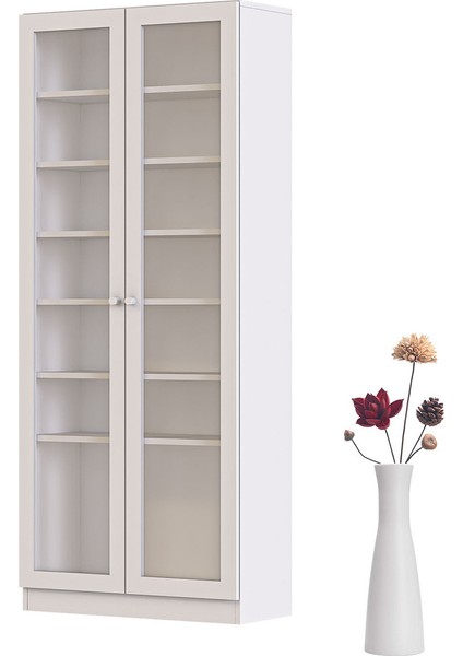 BFE-211 Beyaz 2 Kapaklı Temperli Camlı Yüksek Büfe – Melamin Kaplı Yonga Levha, Modern Dikdörtgen Form