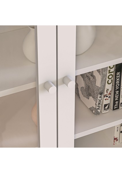 BFE-211 Beyaz 2 Kapaklı Temperli Camlı Yüksek Büfe – Melamin Kaplı Yonga Levha, Modern Dikdörtgen Form