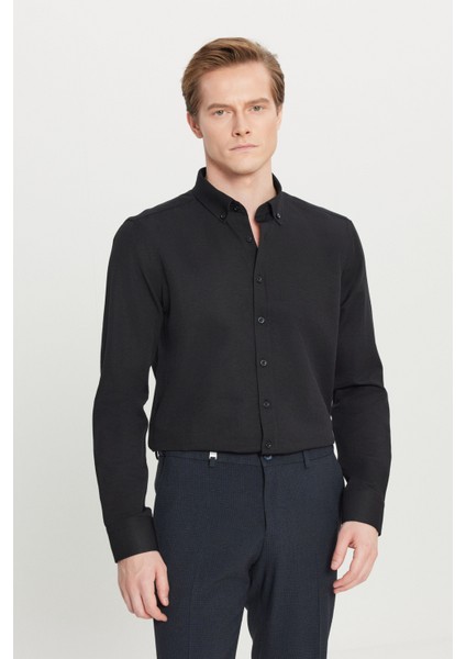 Erkek Siyah Düğmeli Yaka Kolay Ütülenebilir Pamuklu Slim Fit Dar Kesim Oxford Gömlek fiyatları