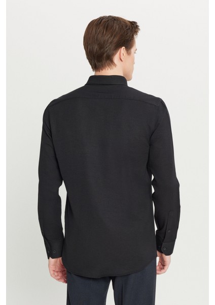Erkek Siyah Düğmeli Yaka Kolay Ütülenebilir Pamuklu Slim Fit Dar Kesim Oxford Gömlek