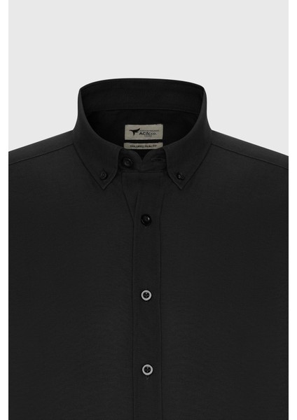 Erkek Siyah Düğmeli Yaka Kolay Ütülenebilir Pamuklu Slim Fit Dar Kesim Oxford Gömlek