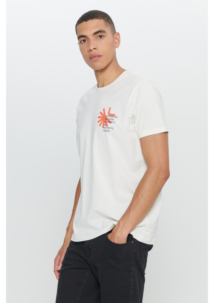 Erkek Ekru Standart Fit Normal Kesim %100 Pamuk Yumuşak Dokulu Baskılı Bisiklet Yaka Tişört