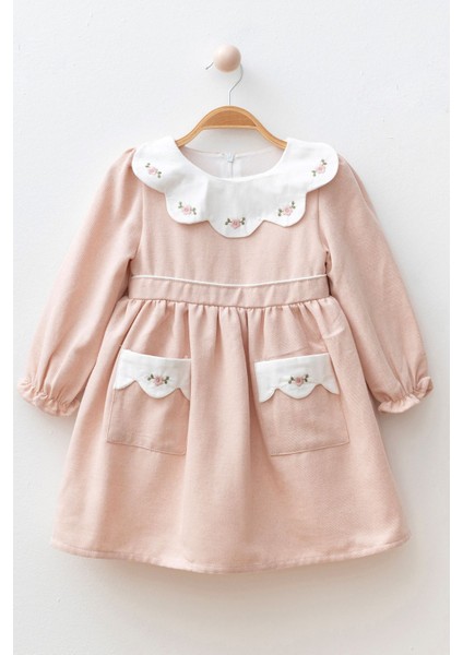 Çiçek Işlemeli Yaka ve Cep Detaylı Kız çocuk elbise - Pembe