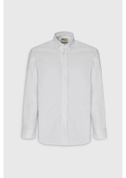 Erkek Beyaz Slim Fit Dar Kesim Düğmeli Yaka Keten Görünümlü %100 Pamuk Flamlı Gömlek