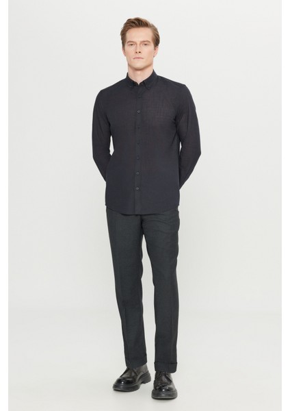 Erkek Siyah Slim Fit Dar Kesim Düğmeli Yaka Keten Görünümlü %100 Pamuk Flamlı Gömlek fiyatları