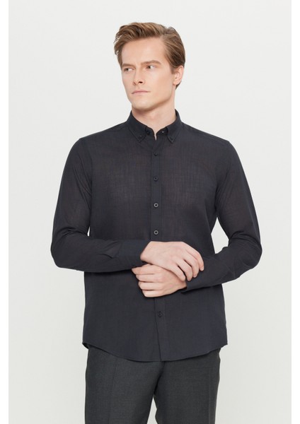 Erkek Siyah Slim Fit Dar Kesim Düğmeli Yaka Keten Görünümlü %100 Pamuk Flamlı Gömlek modelleri