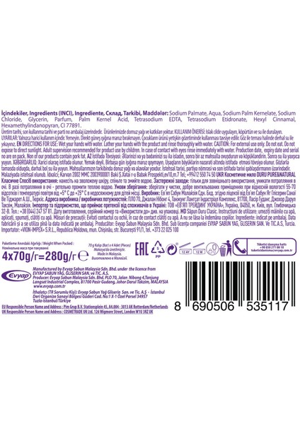 Saf ve Doğal Klasik Güzellik Sabunu 16'lı Paket 4x280 g – Hassas Temizlik ve Cilt Besleyici Etki