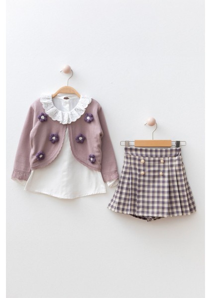 Papatya Detaylı ve Ekose Şortetekli Kız Çocuk 3 lü takım - Mor