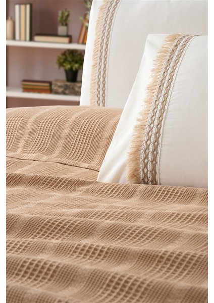 Tivoli Tek Kişilik Dantelli 3 Parça Petek Pike Takımı-Melanie-Kapuçino