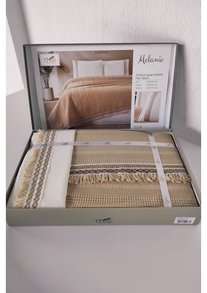 Tivoli Tek Kişilik Dantelli 3 Parça Petek Pike Takımı-Melanie-Kapuçino modelleri