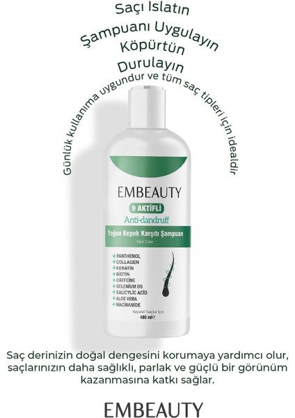 Kepek Karşıtı Şampuan 9 Aktifli Panthenol, Kollajen, Keratin, Biotin ve Aloe Vera 400 ml indirimleri