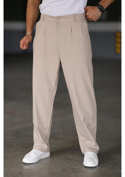 Baggy Çift Pileli Krem-Bej Renk Beli Lastikli Kaliteli Rahat Kesim Klasik Bol Paça Baggy Pantolon