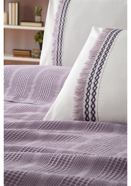 Tivoli Tek Kişilik Waffle Pike Takımı-3 Parça Dantelli Petek Pike-Melanie-Lila