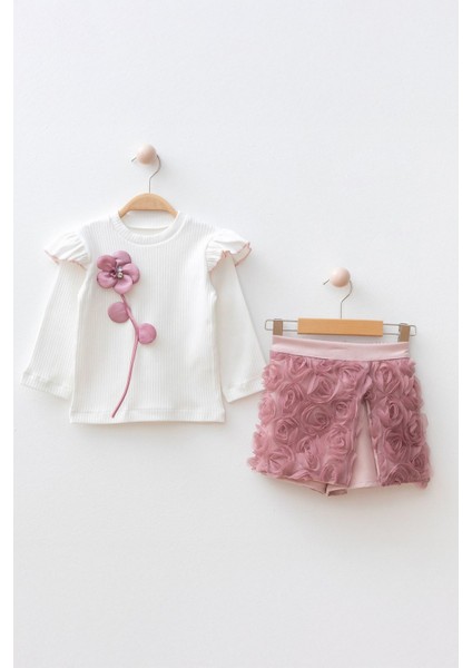 3D Gül Detaylı Kız Çocuk Şortetekli 2 li takım - Gül Kurusu