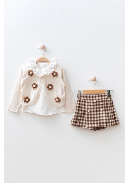 Papatya Detaylı ve Ekose Şortetekli Kız Çocuk 3 lü takım - Krem