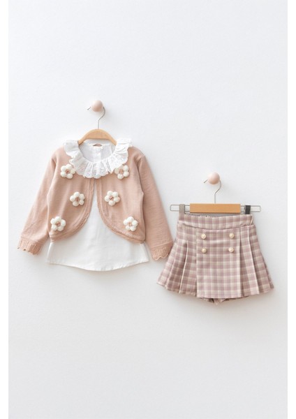 Papatya Detaylı ve Ekose Şortetekli Kız Çocuk 3 lü takım - Pembe