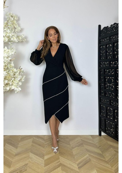 G1546 Kruvaze Yaka Taş Detaylı Elbise Siyah