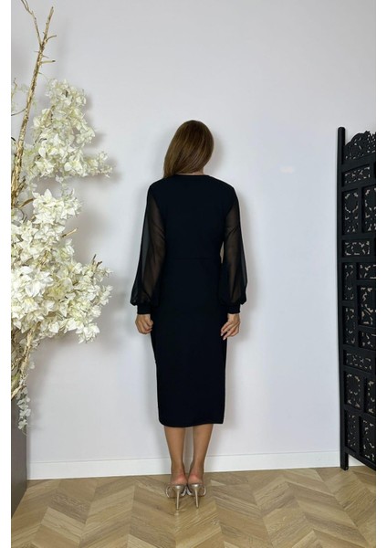 G1546 Kruvaze Yaka Taş Detaylı Elbise Siyah fiyatları