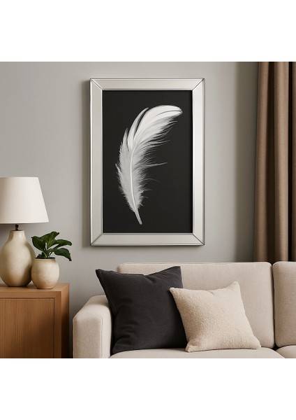 Ayna Çerçeveli Beyaz Tüy Desenli Duvar Tablosu