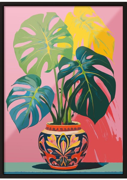 Siyah Çerçeveli Tablo, Saksıda Monstera Yaprakları, Salon Dekoru Poster No: 112511