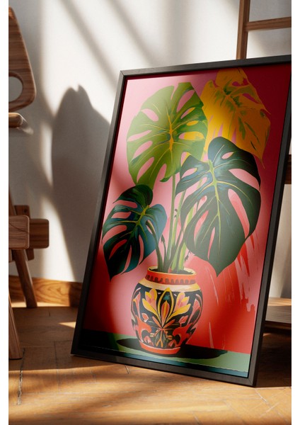 Siyah Çerçeveli Tablo, Saksıda Monstera Yaprakları, Salon Dekoru Poster No: 112511 fırsatları